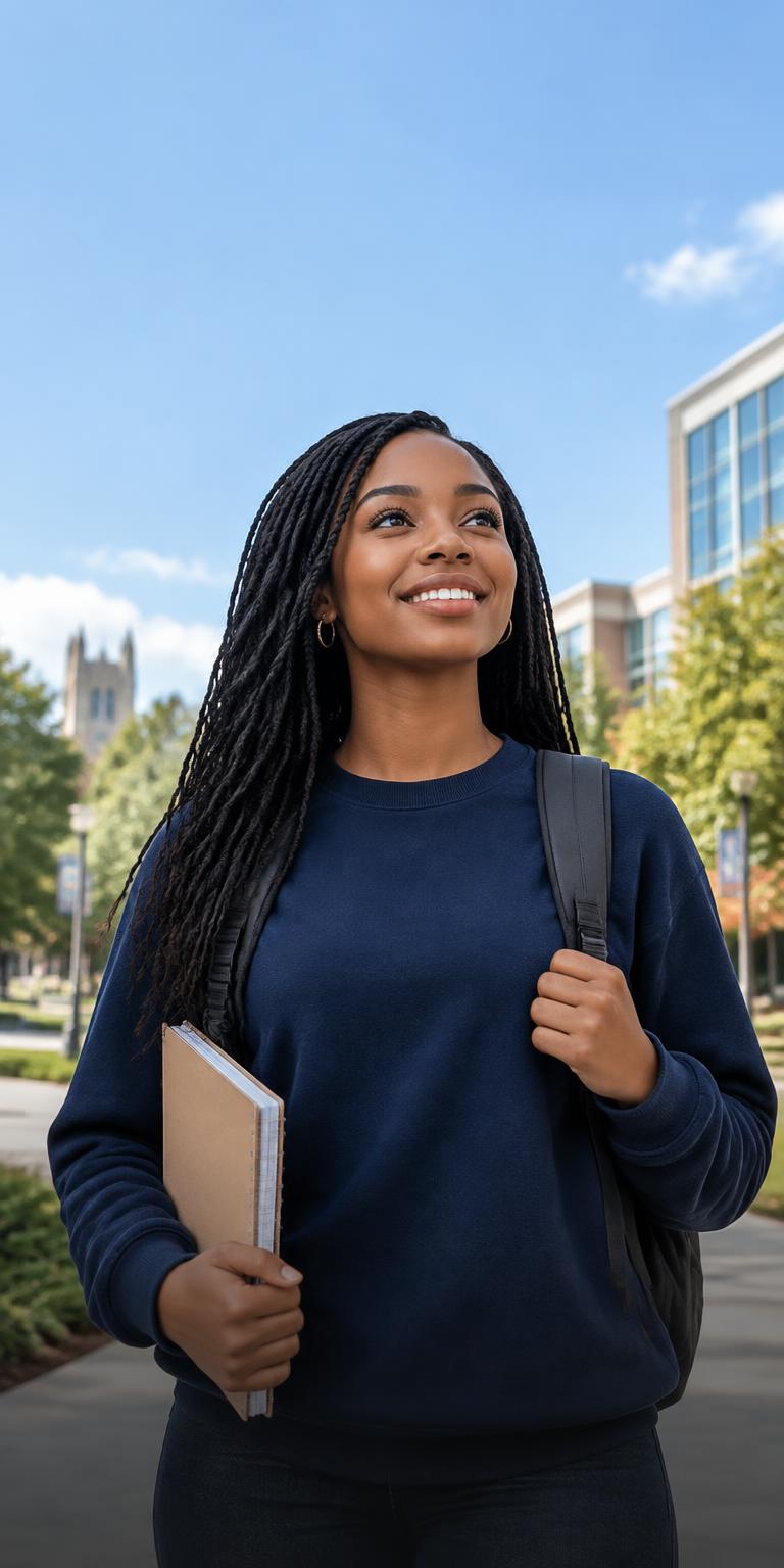 A student walking on campus, ready for what's next